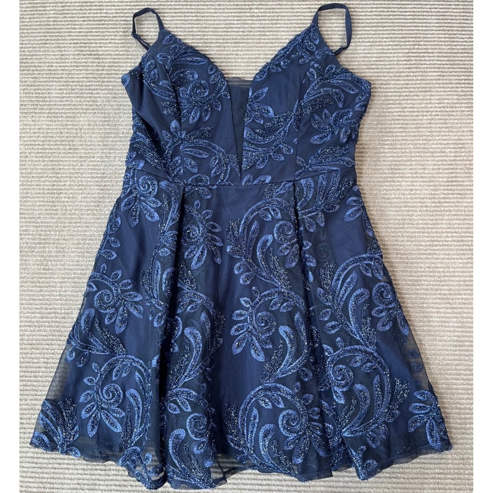 Xtraordinary Navy Blue Glitter Floral Embroidered Fit‎ & Flare Cocktail Dress 9